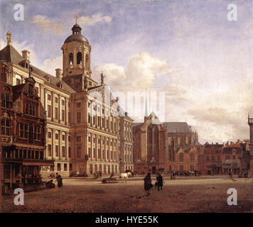 Le tableau de Jan van der Heyden, « le nouvel hôtel de ville d'Amsterdam », illustre la grande architecture de l'hôtel de ville d'Amsterdam, soulignant son design classique et sa position dominante dans les gratte-ciel de la ville. La peinture capture les détails complexes du bâtiment et son rôle en tant que symbole de fierté civique au XVIIe siècle. Banque D'Images