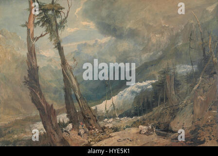 Cette peinture de Joseph Mallord William Turner met en scène mer de glace dans la vallée de Chamouni, en Suisse, un paysage majestueux où l'artiste souligne la grandeur des Alpes, capturant l'interaction de la lumière et de l'ombre sur l'étendue glacée. Banque D'Images