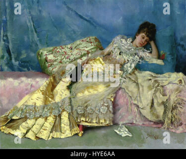 "Lady on A Pink Divan" de Julius LeBlanc Stewart est une représentation élégante d'une femme dans un cadre luxueux. La peinture met l'accent sur les vêtements à la mode et l'opulence de la société du XIXe siècle. Banque D'Images