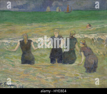 La peinture de Paul Gauguin « Women Bathing » dépeint un moment serein et intime, capturant des femmes engagées dans la baignade dans un cadre naturel. Connu pour son style post-impressionniste et l'utilisation de couleurs vives, le travail de Gauguin reflète des thèmes d'exotisme et de simplicité de la vie rurale, souvent inspirés par son temps passé à Tahiti et dans le Pacifique Sud. Banque D'Images