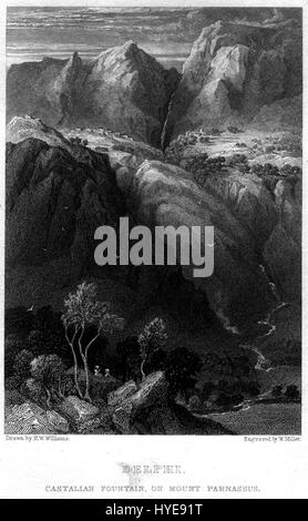 Cette gravure représente la fontaine castalienne sur le mont Parnasse, un site sacré dans la mythologie grecque associé à Apollon et aux Muses. L'image, créée par William Miller d'après H.W. Williams, capture l'importance historique et mythique de l'emplacement. Banque D'Images