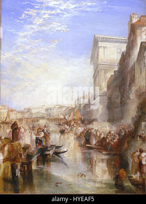 « The Grand canal Scene : a Street in Venice » de J. M. W. Turner capture l’essence des canaux et des rues emblématiques de Venise. Connu pour son utilisation atmosphérique de la lumière et des couleurs, Turner dépeint la scène urbaine animée et dynamique avec une palette vive de tons doux. Banque D'Images