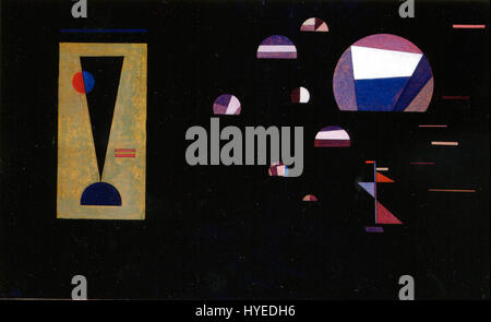 Cette œuvre de Wassily Kandinsky, intitulée 'salon de musique MAMCS', représente un dessin pour le mur gauche de la salle de musique dans un musée. Il met en valeur le style abstrait de Kandinsky, en utilisant des contrastes de couleurs audacieux et des formes géométriques pour transmettre une composition dynamique inspirée de la musique. Banque D'Images