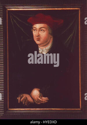 Le cardinal Albrecht von Brandenburg était un prince allemand de l'Église catholique et un électeur du Saint-Empire romain germanique. Il est surtout connu pour son implication dans les premières étapes de la réforme, en particulier pour son rôle dans la controverse de l'indulgence qui a conduit aux protestations de Martin Luther. Banque D'Images