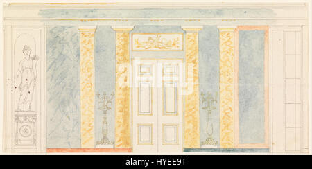 'Wall Elevation' de Frederick Crace est un dessin architectural détaillé montrant une coupe verticale du mur d'un bâtiment. Il démontre les compétences de Crace en illustration architecturale et la précision de son travail de design. Banque D'Images