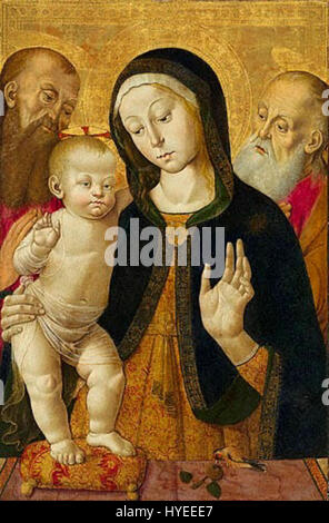 Le tableau « Madone et enfant avec deux saints de l'Ermite » présente la Vierge Marie et Jésus accompagnés de deux saints, probablement Paul l'Ermite, soulignant le thème de la sainteté et de la piété dans les religieux Banque D'Images