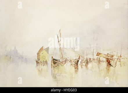 Une peinture de Joseph Mallord William Turner, capturant la vue emblématique de Venise avec une représentation vibrante du soleil, reflétant l'atmosphère de la ville et les reflets de l'eau. Banque D'Images