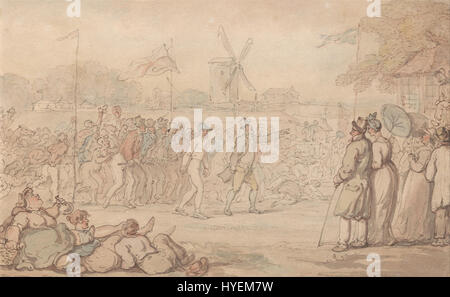 L’illustration de Thomas Rowlandson du Rally match du capitaine Barclay capture le moment d’excitation à l’arrivée d’une course de chevaux. La scène animée transmet l'énergie et l'intensité des événements sportifs du XVIIIe siècle. Banque D'Images