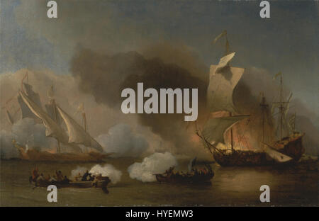 La peinture de Willem van de Velde the Younger représente une scène navale dramatique au large de la Barbarie, montrant des navires anglais en action contre des galères. Connu pour ses peintures maritimes précises et dynamiques, van de Velde a capturé l'intensité de la guerre navale au XVIIe siècle. Banque D'Images