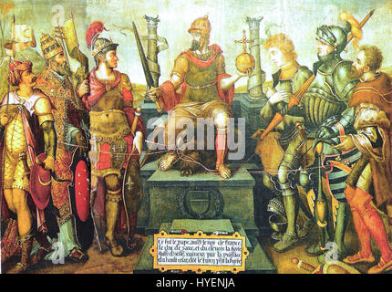 *Allegorie du règne de Charles Quint* est une peinture ou une estampe du XVIe siècle symbolisant le règne de l'empereur Charles V, incluant souvent des représentations allégoriques du pouvoir, de la justice et de la gouvernance. Banque D'Images