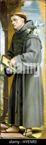 La peinture Saint Antoine de Padoue de Bernardo Zenale représente le saint catholique populaire, souvent montré tenant l'enfant Jésus. L’œuvre illustre l’habileté de Zenale dans le portrait religieux, capturant l’expression sereine et la dévotion du saint. Connu pour son style à la Renaissance, Zenale intègre l'iconographie religieuse traditionnelle dans sa composition. Banque D'Images