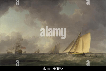 *Cutter Close Hauled in a Fresh Breeze* de Charles Brooking représente un navire naval en action sur l’eau. La peinture capture la dynamique de la voile, montrant un cutter dans une forte brise avec d'autres navires à proximité. Banque D'Images