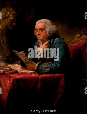 Le portrait de Benjamin Franklin par David Martin présente une représentation détaillée et précise de l'homme d'État et inventeur américain. Les contributions de Franklin à la science et à la politique furent monumentales au XVIIIe siècle. Banque D'Images