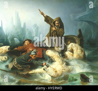 La peinture de François Auguste Biard représente une scène dramatique d'un combat entre un humain et des ours polaires. Biard, un artiste français, était connu pour ses scènes arctiques et polaires, et cette œuvre capture la lutte acharnée dans la nature sauvage gelée. Le tableau illustre à la fois le danger et la beauté des régions nordiques, reflétant l'intérêt de l'artiste pour les territoires inconnus de l'Arctique au XIXe siècle. Banque D'Images