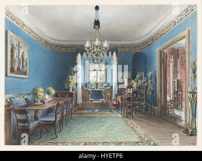 La Salle Bleue, Schloss Fischbach, un aquarelle de Friedrich Wilhelm Klose, un artiste allemand, créée en 1846, représentant une pièce de Schloss Fischbach. Banque D'Images