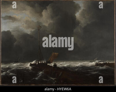 Mer agitée à une jetée, une peinture de Jacob Isaacksz. van Ruisdael, un peintre paysagiste néerlandais. Banque D'Images