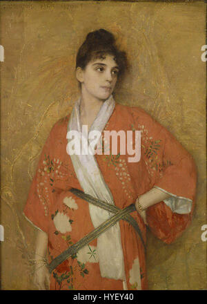 'Young woman in Kimono' de Courtois est une peinture de 1890, capturant une femme dans un kimono japonais traditionnel. L'œuvre met l'accent sur le design élégant et les couleurs vibrantes du kimono, mettant en valeur la mode de l'époque et l'échange culturel entre l'Orient et l'Occident à la fin du XIXe siècle. Banque D'Images
