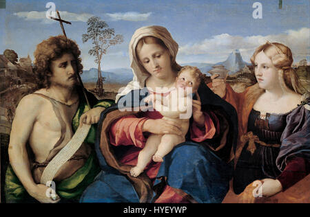 'Madone et enfant avec Saint Jean Baptiste et Madeleine' de Palma il Vecchio (Jacopo Negretti) met en valeur la Vierge Marie avec son fils bébé, accompagné de Saint Jean Baptiste et Marie Madeleine. La pièce reflète la maîtrise de la couleur et de la composition de l’artiste dans les sujets religieux à la Renaissance. Banque D'Images