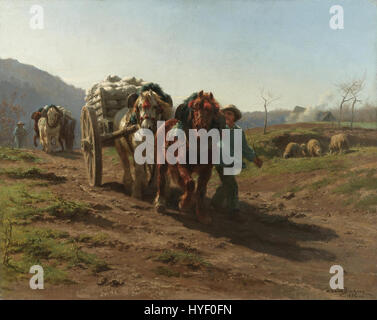 'Retour de champs' de Rosa bonheur, peint en 1854, représente la vie rurale et le travail avec un accent sur l'élevage. Bonheur, connue pour ses études animales précises, dépeint les ouvriers et le bétail avec réalisme et sensibilité, capturant l'essence de la vie agricole du XIXe siècle. Banque D'Images