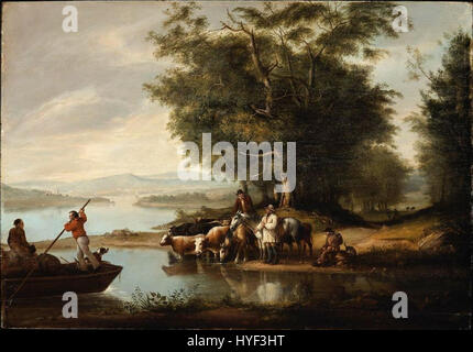 « Paysage avec des vaches » d'Alvan Fisher est une peinture américaine remarquable du XIXe siècle, représentant une scène pastorale avec des vaches en pâturage dans une campagne sereine. Il reflète la tradition paysagère américaine et la vie rurale. Banque D'Images