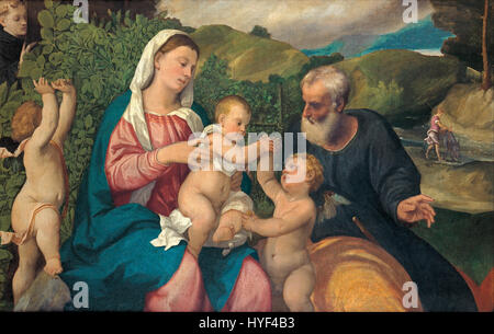 "Repos sur la fuite en Egypte" de Bonifazio de Pitati représente la Sainte famille prenant un moment de repos pendant leur fuite en Egypte. La scène sereine et paisible capture le lien religieux et familial dans un style naturaliste. Banque D'Images