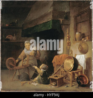 Cette peinture de Pieter Nys représente une femme engagée dans le métier traditionnel de la filature. La scène met en valeur la simplicité et la concentration de la vie quotidienne dans les milieux ruraux historiques. La tenue vestimentaire de la femme et l'environnement environnant reflètent la culture et les routines domestiques de l'époque. Banque D'Images