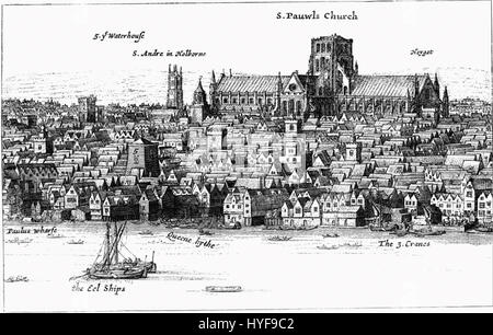 Cette image historique de la cathédrale de l'ancien Paul, vue depuis la Tamise, capture la structure emblématique avant sa destruction dans le Grand incendie de Londres. L’image fait partie d’une collection d’archives qui donne un aperçu de l’histoire de la cathédrale. Banque D'Images