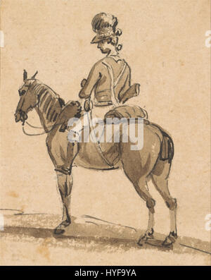 « Light Dragoon, Mounted, face à gauche » de Paul Sandby est une représentation d'un soldat de cavalerie britannique du XVIIIe siècle. Connu pour ses illustrations militaires détaillées et précises, le travail de Sandby met en valeur l’uniforme et la posture équestre du dragon léger. Banque D'Images