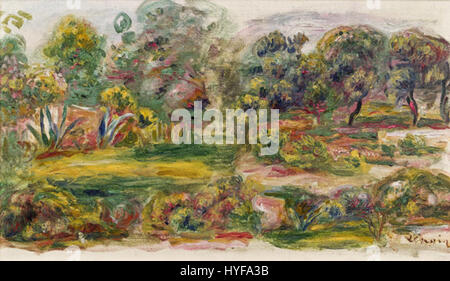 *Paysage aux environs de Cagnes* est une peinture de Pierre-Auguste Renoir, créée au cours de ses dernières années. Il présente une représentation vibrante de la campagne française, mettant en évidence l'habileté de Renoir à capturer la lumière et les couleurs. Banque D'Images