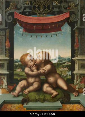 « Holy Infants Emberning » est une peinture de Joos van Cleve, représentant la Vierge Marie et le Christ enfant, mettant en valeur le style Renaissance flamand de van Cleve. Banque D'Images