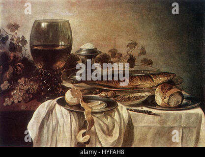 Le « Breakfast Pieter Claesz » illustre la fascination de l’âge d’or néerlandais pour la nature morte, en présentant des aliments soigneusement agencés dans des détails riches, mettant en évidence l’utilisation de la lumière et de l’ombre. Banque D'Images