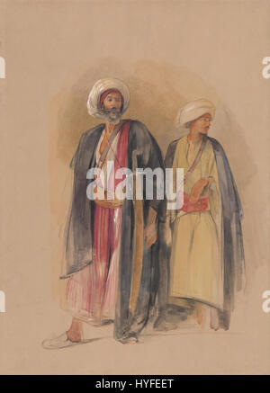 Le portrait de John Frederick Lewis du cheik Hussein et de son fils dépeint une scène intime de la vie bédouine, reflétant l'orientalisme du XIXe siècle. La peinture met en valeur la tenue culturelle et la relation entre père et fils. Banque D'Images