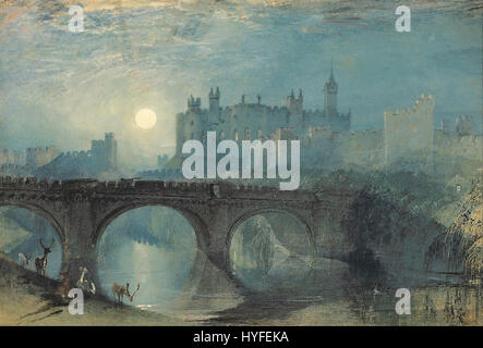 « Alnwick Castle » de J.M.W. Turner représente le château britannique emblématique dans un paysage spectaculaire. Turner capture la beauté naturelle de la région environnante, mêlant effets atmosphériques et grandeur architecturale. Banque D'Images