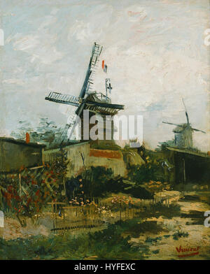 « Moulins à vent sur Montmartre » de Vincent van Gogh représente les moulins à vent emblématiques de Paris, mettant en valeur ses coups de pinceau expressifs et son utilisation de couleurs vives pour capturer l'énergie dynamique de la scène et l'essence de l'environnement. Banque D'Images