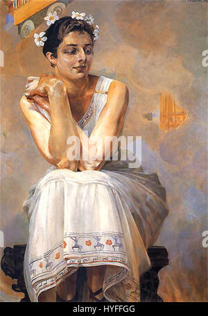 'Pytia' de Jacek Malczewski est une peinture symbolique, reflétant souvent les thèmes du mysticisme et de l'identité nationale polonaise. L'œuvre explore généralement des éléments spirituels ou mythiques, Pythie étant la prêtresse du temple d'Apollon à Delphes. Banque D'Images