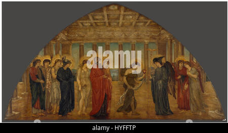 *Cupidon et Psyché*, peint par Edward Burne-Jones pour les peintures murales Palace Green, montre Psyché entrant dans les portails de l'Olympe. Cette œuvre dépeint la scène mythologique avec des détails complexes, capturant la qualité éthérée du voyage de Psyché vers les cieux, un thème clé de la mythologie classique et romantique Banque D'Images