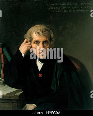 Le portrait de Jean Auguste Dominique Ingres de Luigi Cherubini capture l'estimé compositeur italien dans un moment de repos contemplatif. La peinture reflète le style néoclassique d'Ingres, soulignant le réalisme détaillé et la présence digne de Cherubini, connu pour ses contributions à l'opéra et à la musique classique. Banque D'Images