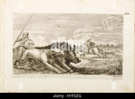 Une gravure de Stefano Della Bella, un graveur et imprimeur italien, intitulée Il cinghiale si dirige verso destra, montrant une scène de chasseurs à cheval poursuivant un sanglier dans un paysage avec des arbres et des nuages. Banque D'Images