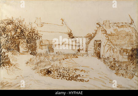 « Deux cottages aux Saintes Maries de la mer » de Vincent van Gogh dépeint une scène rurale de son temps dans le sud de la France. La peinture met en valeur les traits de pinceau caractéristiques de l'artiste et la palette de couleurs vives, soulignant la beauté rustique des chalets et de leurs environs. Banque D'Images