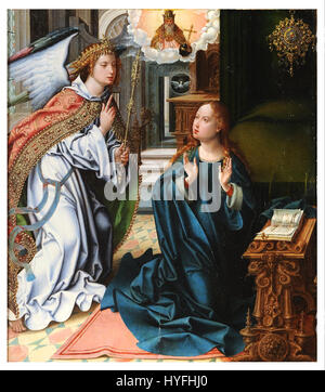 L'Annonciation de Pieter Coecke van Aelst est une peinture religieuse qui représente la scène biblique de l'ange Gabriel annonçant à la Vierge Marie qu'elle concevra Jésus-Christ. Ce travail illustre l’habileté de Coecke à combiner réalisme détaillé et symbolisme religieux. Banque D'Images