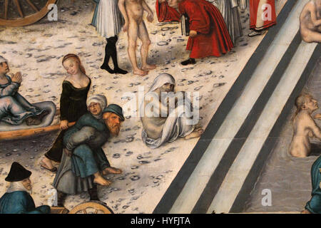 'La Fontana della Giovinezza' de Lucas Cranach l'ancien, peint en 1546, dépeint la fontaine de la jeunesse, un thème populaire dans l'art de la Renaissance symbolisant la vie éternelle et le rajeunissement, reflétant la fascination de l'époque pour la mythologie et l'humanisme. Banque D'Images
