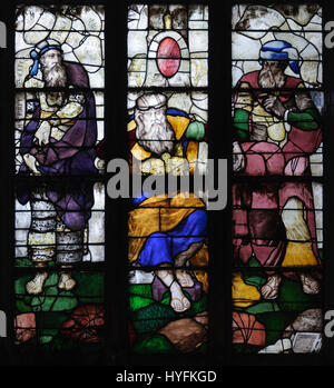 Le vitrail de Saint Nicolas de Chatillon-sur-Seine, représentant l'arbre de Jesse, dépeint de façon complexe la lignée généalogique du Christ. L'art détaillé met en valeur des figures bibliques dans des couleurs vives, mettant en valeur l'iconographie chrétienne médiévale et l'artisanat. Banque D'Images
