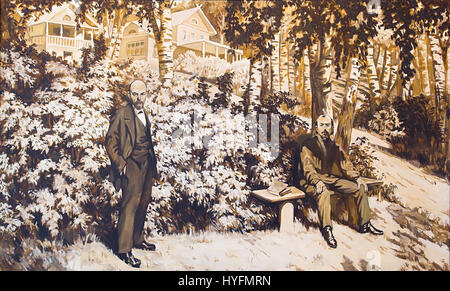 Cette œuvre d'art intitulée 'Kardo Lénine Kopia' semble faire référence à une reproduction ou une copie d'un portrait de Vladimir Lénine, le leader révolutionnaire russe et fondateur de l'Union soviétique. L'image de Lénine est devenue un symbole important de l'idéologie soviétique, et de telles copies ont été largement produites pendant et après sa direction. La pièce explore probablement la nature emblématique de la ressemblance de Lénine et son influence durable sur la politique russe et mondiale. Banque D'Images