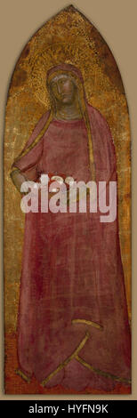 Sainte Élisabeth de Hongrie, représentée dans l'œuvre d'Andrea da Firenze, présente une figure religieuse et historique d'une manière vive et respectueuse, mettant en valeur les techniques artistiques du XIVe siècle. Banque D'Images