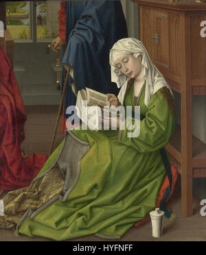 « La lecture de la Madeleine » de Rogier van der Weyden est une peinture du XVe siècle représentant Marie-Madeleine absorbée par la lecture d'un texte religieux. L'œuvre reflète l'habileté de l'artiste à dépeindre l'expression émotionnelle profonde et la dévotion religieuse dans un style gothique finement détaillé. Banque D'Images
