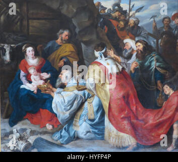 L'Adoration des Mages par l'atelier de Pierre Paul Rubens est un chef-d'œuvre baroque représentant les trois Rois présentant des cadeaux à l'enfant Jésus. La peinture capture l’opulence et la profondeur émotionnelle caractéristiques du style de Rubens, mettant l’accent sur le mouvement et la grandeur. Banque D'Images