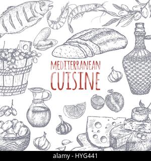 La cuisine méditerranéenne modèle. avec du pain, vin, fromage, olives, fruits de mer. Illustration de Vecteur