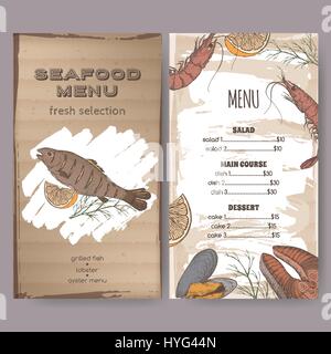 Restaurant de fruits de mer couleur croquis avec modèle de menu de poissons grillés Illustration de Vecteur