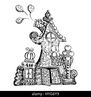 Originaux faits à la main style doodle fairy house. Peut être utilisé pour la conception de pages de coloriage pour enfants. Illustration de Vecteur