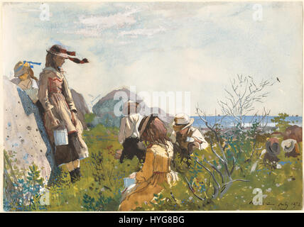 Winslow Homer’s Berry Pickers (1873) représente un groupe de femmes cueillant des baies dans un paysage rural américain. La peinture met en évidence la compétence d’Homère à dépeindre la vie quotidienne et son accent sur les milieux naturels, en mettant l’accent sur la lumière et la couleur dans la représentation du travail des femmes. Banque D'Images